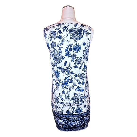 Boho Blue Floral Border Print Shift Dress Size 6 Sleeveless Summer Mediterranean - Picture 14 of 16